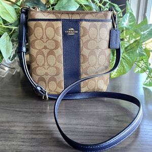 Coach Khaki And Navy Signature Stripe East West Crossbody